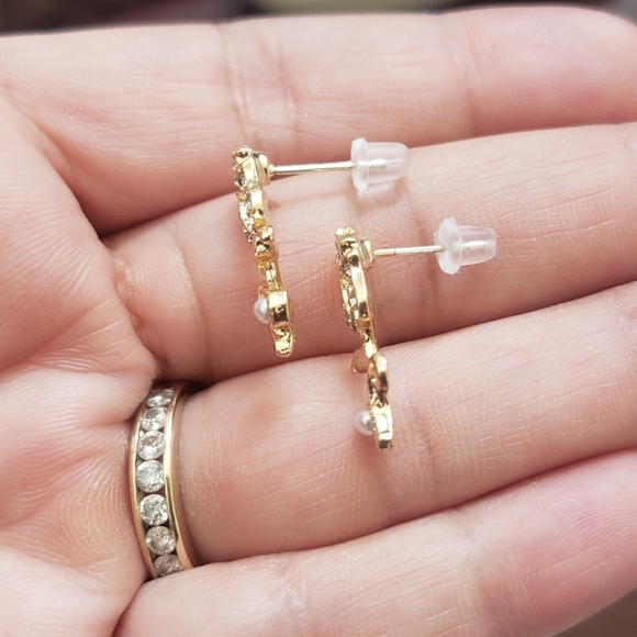 Gold Rhinestone Rose Earrings - Picture 3 of 6